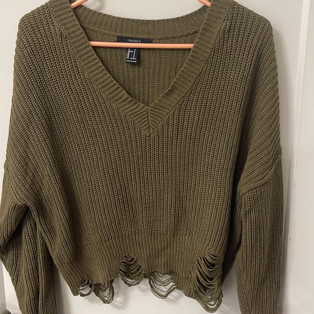 Forever 21 Khaki V-Neck Distressed Sweater